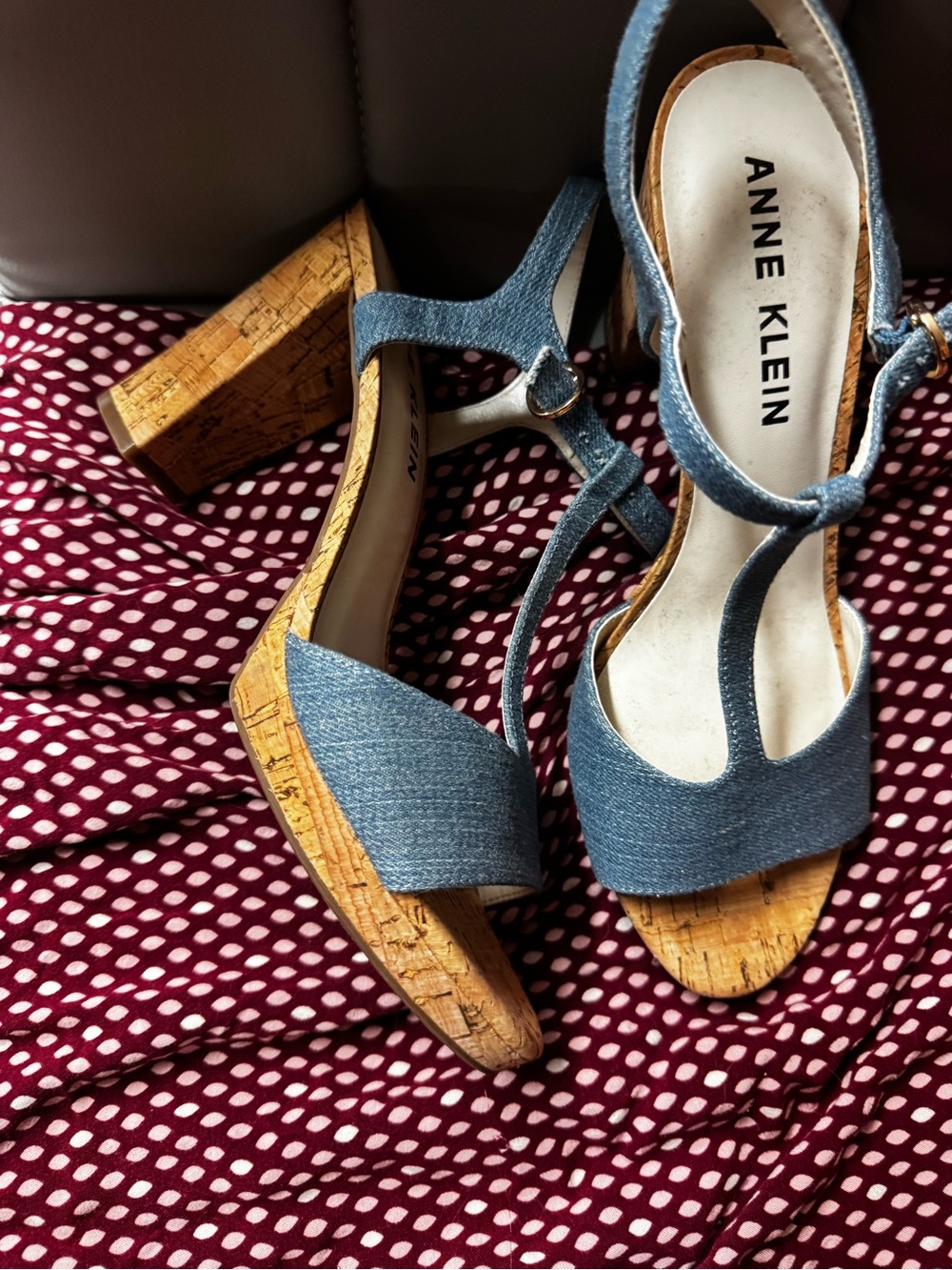 Anne Klein Denim T‑Strap Cork Wedge Sandals - Picture 2 of 6